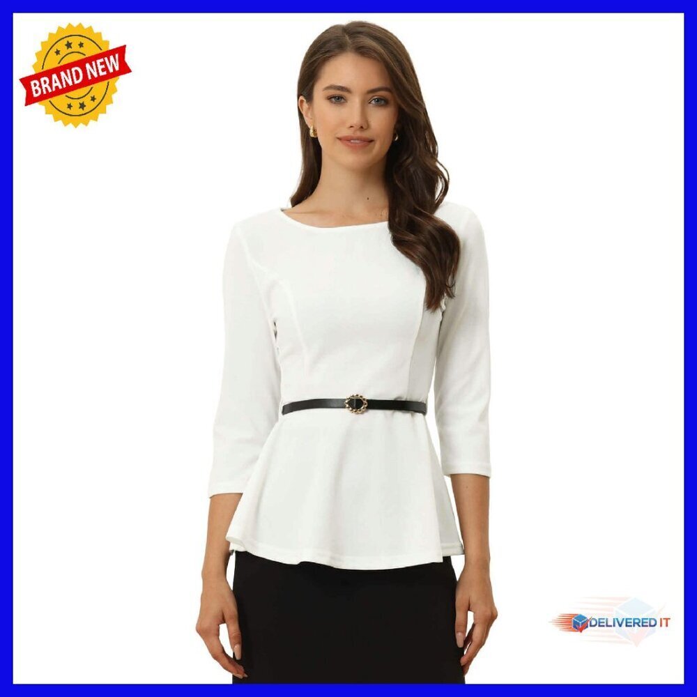 Women's 3/4 Sleeve Peplum Blouse with Belt - Polyester Spandex